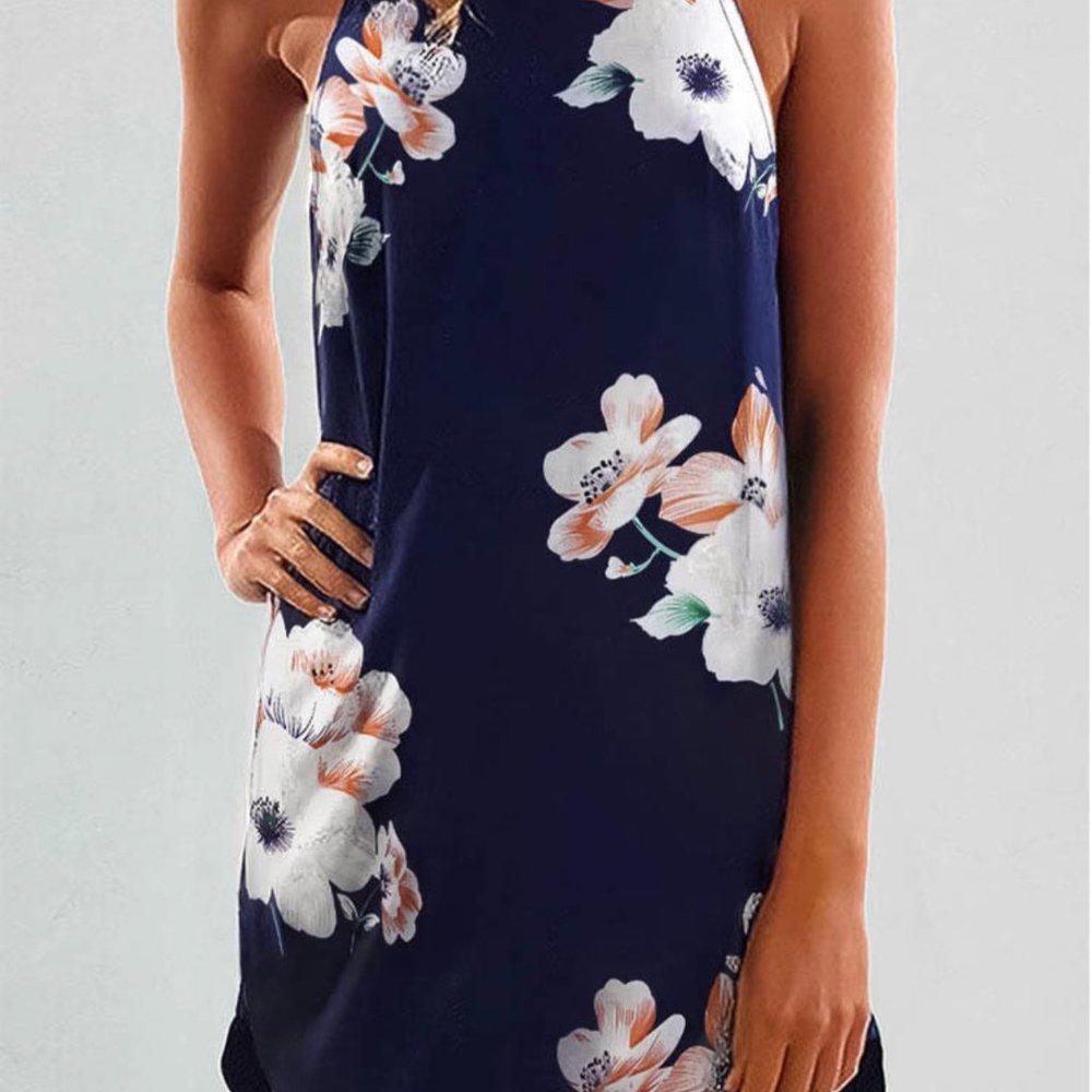 Floral Spaghetti Strap O-Neck Mini Dress - Navy